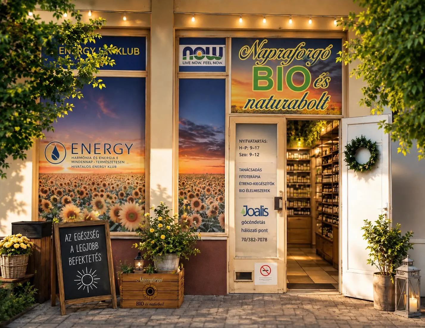 Napraforgó Biobolt és Energy Klub – üzlet kívülről